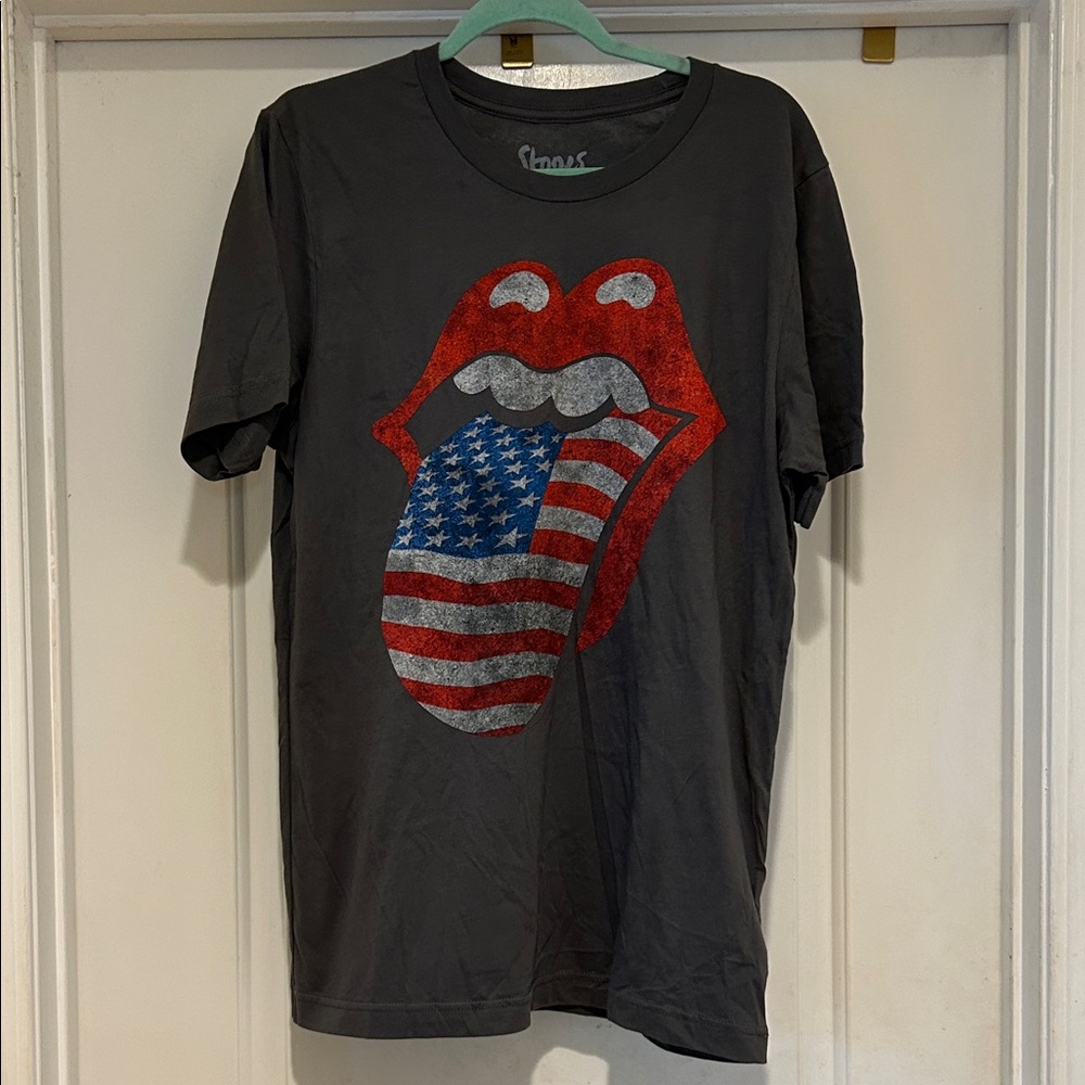 Dark Gray Rolling Stones Tee Band with Red and Blue Graphic
